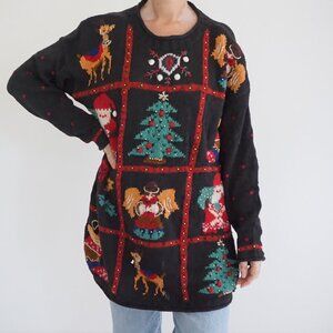Vintage Valerie Stevens Christmas Sweater Patchwork Tree Reindeer Angel Knit M